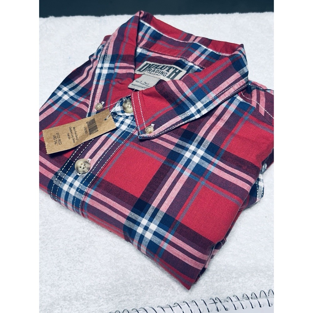 Duluth Trading Co Free Swingin Red Chambray Plaid Shirt Mens Large Tall NWT